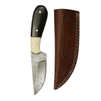 elTORO Corno di bufalo - Damasco - Coltello da caccia - 10cm - fodero in pelle incluso