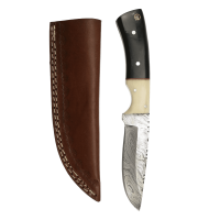 elTORO Corno di bufalo - Damasco - Coltello da caccia - 10cm - fodero in pelle incluso