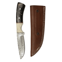 elTORO Corno di bufalo - Damasco - Coltello da caccia - 10cm - fodero in pelle incluso