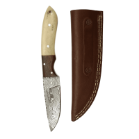 elTORO Corno di noce - Damasco - Coltello da caccia - 10cm - fodero in pelle incluso