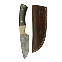 elTORO Corno di bufalo - Damasco - Coltello da caccia - 10cm - fodero in pelle incluso