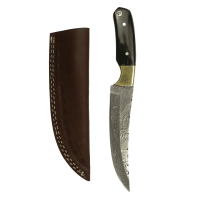 elTORO Corno dottone - Damasco - Coltello da caccia - 14 cm - fodero in pelle incluso