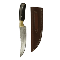 elTORO Corno dottone - Damasco - Coltello da caccia - 14 cm - fodero in pelle incluso