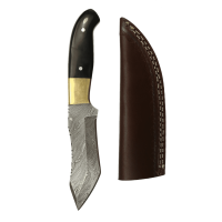 elTORO Corno dottone - Damasco - Coltello da caccia - 12,3 cm - fodero in pelle incluso