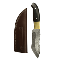 elTORO Corno dottone - Damasco - Coltello da caccia - 12,3 cm - fodero in pelle incluso