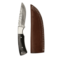 elTORO Corno dacciaio - Damasco - Coltello da caccia - 10cm - fodero in pelle incluso