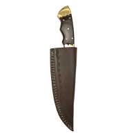 elTORO Doppio corno dottone - Damasco - Coltello da caccia - 10,3 cm - fodero in pelle incluso
