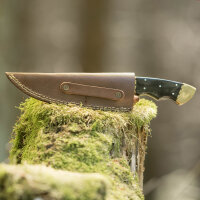 elTORO Doppio corno dottone - Damasco - Coltello da caccia - 10,3 cm - fodero in pelle incluso