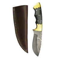 elTORO Doppio corno dottone - Damasco - Coltello da caccia - 10,3 cm - fodero in pelle incluso