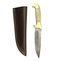 elTORO Doppio osso dottone - Damasco - Coltello da caccia - 13 cm - fodero in pelle incluso