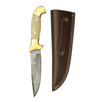 elTORO Doppio osso dottone - Damasco - Coltello da caccia - 13 cm - fodero in pelle incluso