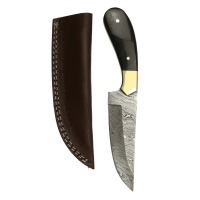elTORO Corno dottone - Damasco - Coltello da caccia - 12,5 cm - fodero in pelle incluso