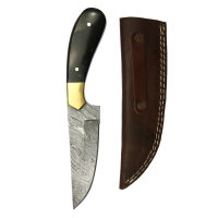 elTORO Corno dottone - Damasco - Coltello da caccia - 12,5 cm - fodero in pelle incluso