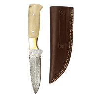 elTORO Brass Bone - Damasco - Coltello da caccia - 12 cm - fodero in pelle incluso
