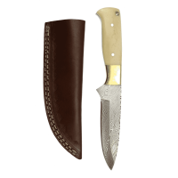 elTORO Brass Bone - Damasco - Coltello da caccia - 12 cm - fodero in pelle incluso