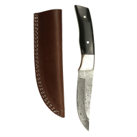 elTORO Corno dottone - Damasco - Coltello da caccia - 11 cm - fodero in pelle incluso