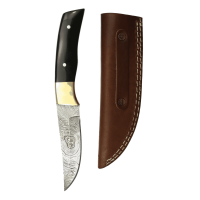 elTORO Corno dottone - Damasco - Coltello da caccia - 11 cm - fodero in pelle incluso