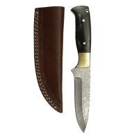 elTORO Corno dottone - Damasco - Coltello da caccia - 12 cm - fodero in pelle incluso