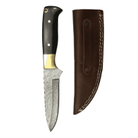 elTORO Corno dottone - Damasco - Coltello da caccia - 12 cm - fodero in pelle incluso