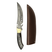 elTORO Corno dottone - Damasco - Coltello da caccia - 17 cm - fodero in pelle incluso
