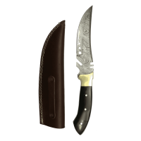 elTORO Corno dottone - Damasco - Coltello da caccia - 17 cm - fodero in pelle incluso