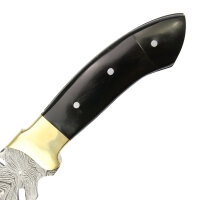 elTORO Corno dottone - Damasco - Coltello da caccia - 17 cm - fodero in pelle incluso