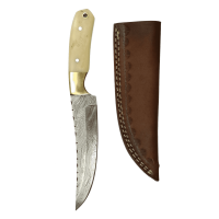 elTORO Brass Bone - Damasco - Coltello da caccia - 14 cm - fodero in pelle incluso