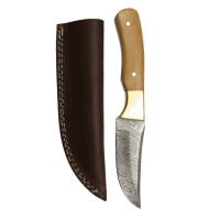 elTORO Brass Olive - Damasco - Coltello da caccia - 10 cm - fodero in pelle incluso