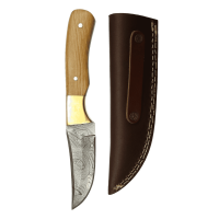 elTORO Brass Olive - Damasco - Coltello da caccia - 10 cm - fodero in pelle incluso