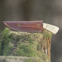 elTORO Fine Brass Bone - Damasco - Coltello da caccia - 7,7 cm - fodero in pelle incluso