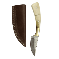 elTORO Fine Brass Bone - Damasco - Coltello da caccia - 7,7 cm - fodero in pelle incluso
