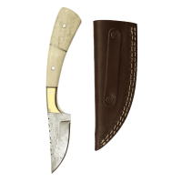 elTORO Fine Brass Bone - Damasco - Coltello da caccia - 7,7 cm - fodero in pelle incluso